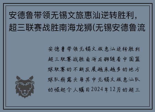 安德鲁带领无锡文旅惠汕逆转胜利，超三联赛战胜南海龙狮(无锡安德鲁流体控制有限公司)