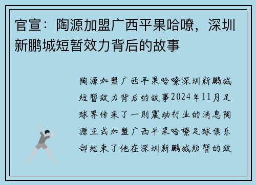 官宣：陶源加盟广西平果哈嘹，深圳新鹏城短暂效力背后的故事
