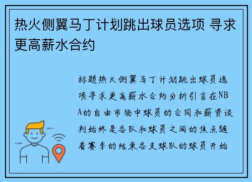 热火侧翼马丁计划跳出球员选项 寻求更高薪水合约